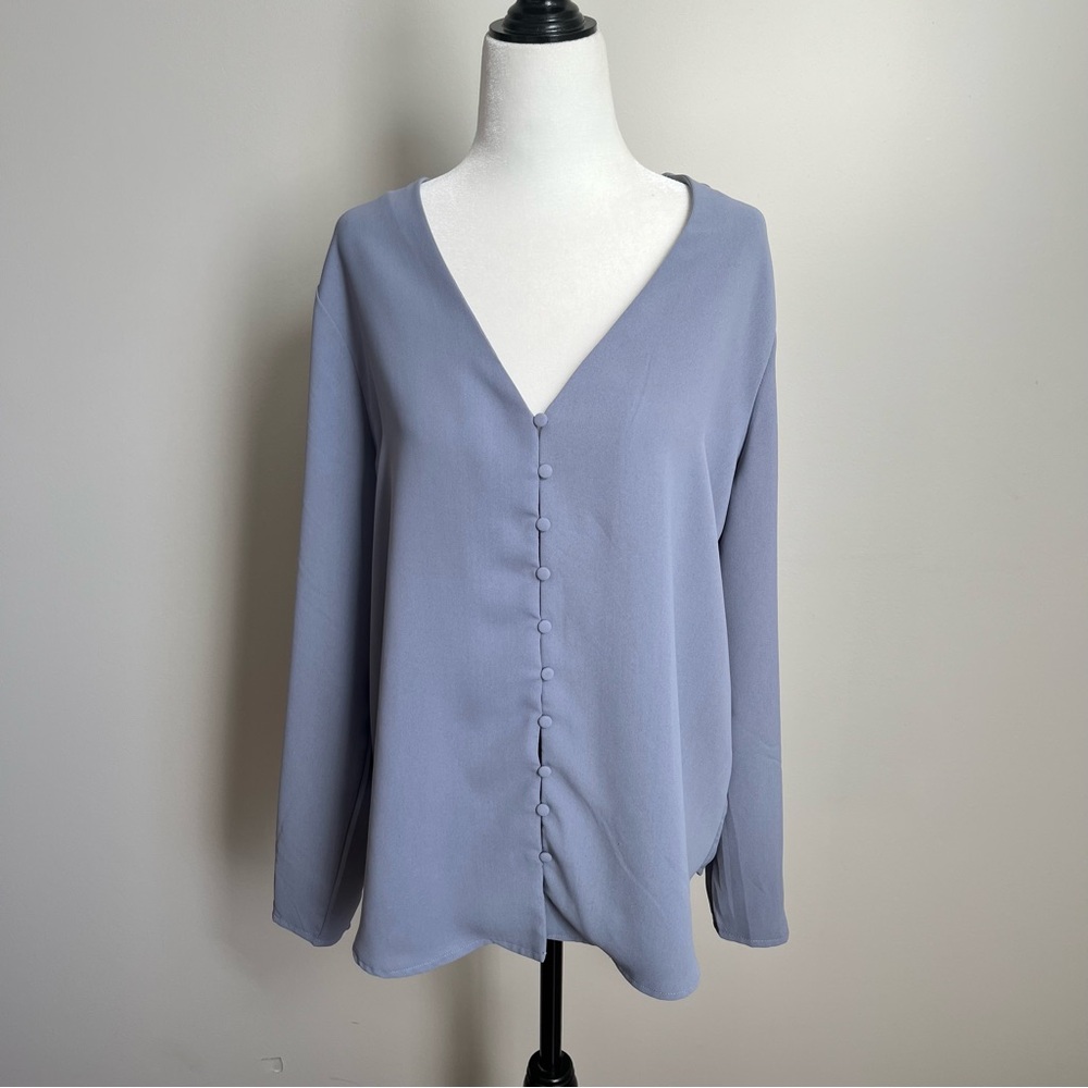 Dynamite V-Neck Button-Front Blue Blouse - size L